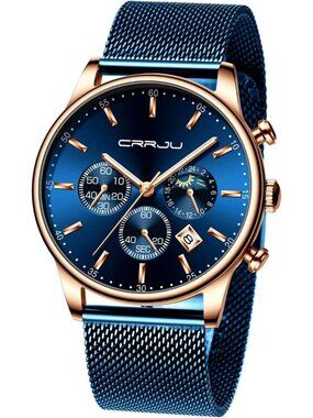 Men's Blue Chronograph Waterproof Steel Quartz Mesh Strap Casual Round Watch